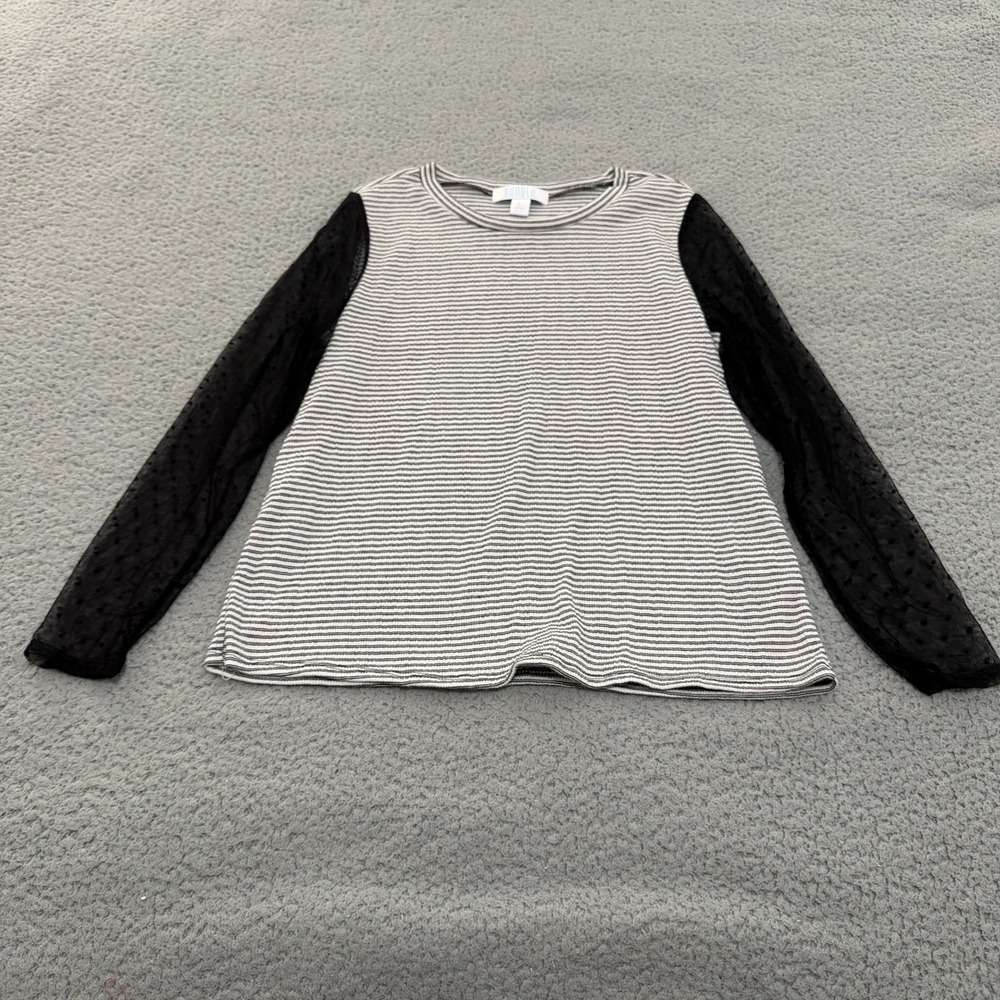 Bunulu Womens Large Striped Ribbed Top Black White Sheer Mesh Swiss Dot Sleeve